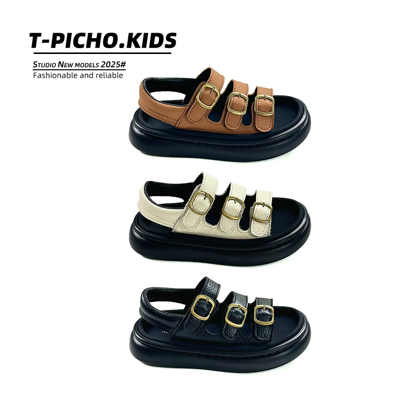 Детские сандалии из натуральной кожи, лето 2025, новые, для мальчиков, на толстой подошве, повседневная обувь, корейский стиль, универсальные, модные пляжные туфли для девочек