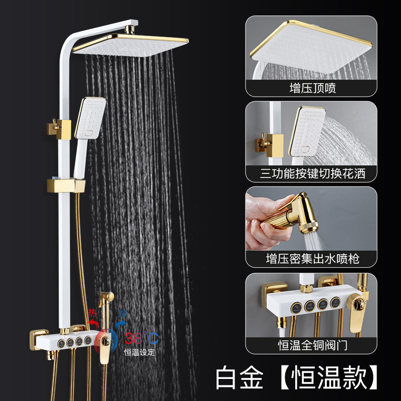 黑金淋浴花洒套装家用不锈钢淋浴器按键花洒卫浴室黄铜恒温龙头|undefined