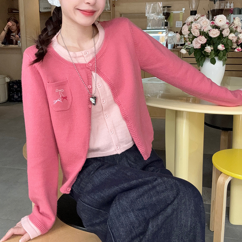 韩系学院风多巴胺假两件针织开衫毛衣女秋冬长袖打底短款外套上衣|undefined