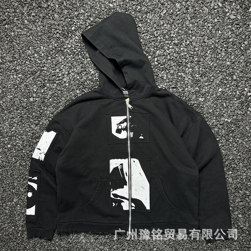 25新款美式高街忧郁富二代洗水做旧字母印花男女宽松休闲连帽卫衣|undefined
