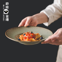 復古手工深盤家用菜盤粗陶盤子日式創意餐具湯盤餐盤