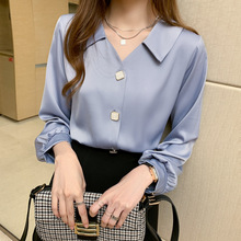 2025春秋新款淑女职业V领雪纺白衬衫女长袖宽松韩版气质简约上衣