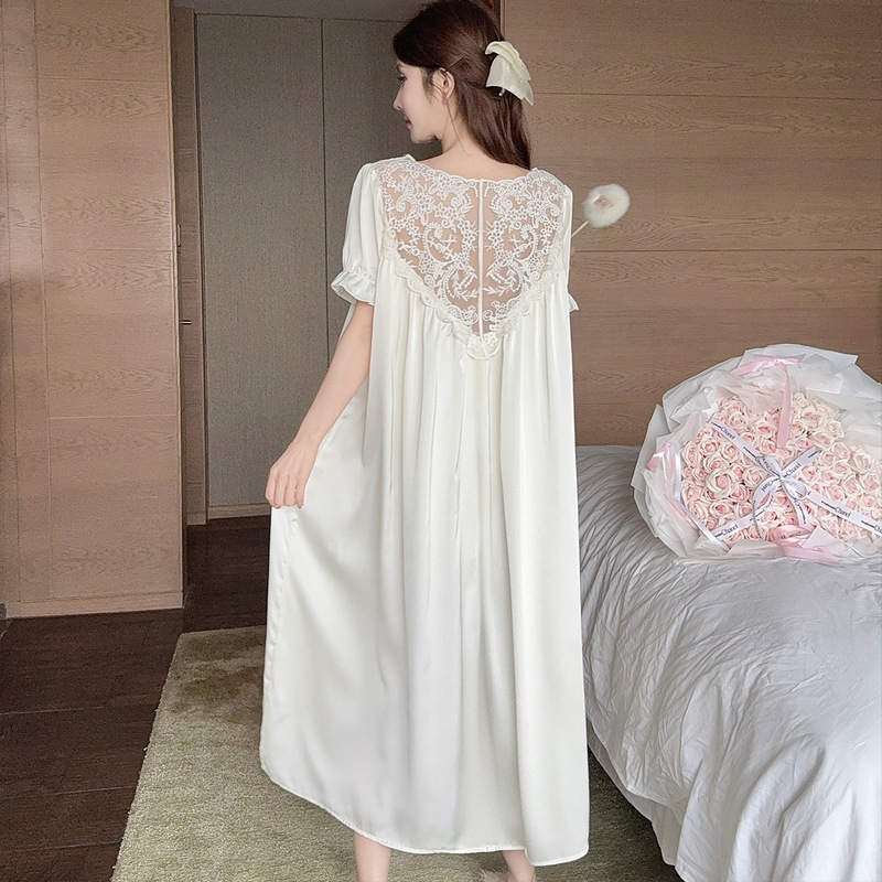 New short-sleeved nightgown for women, palace-style sleepwear, ice silk long-sleeved nightgown, lace backless dress, popular item New short-sleeved nightgown for women, palace-style sleepwear, ice silk long-sleeved nightgown, lace backless dress, popular item
