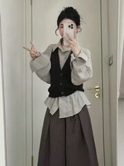韩系通勤套装女秋冬新款修身针织马甲背心叠穿长袖衬衫两件套
