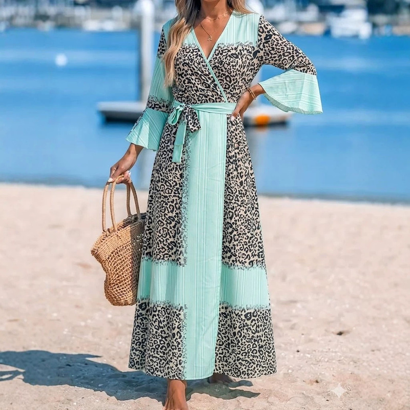 European and American Cross-Border Leopard Print and Striped Patchwork V-Neck Wrap Dress with Bell Sleeves, Waist-Cinching Tie, Elegant Plus-Size Long Dress