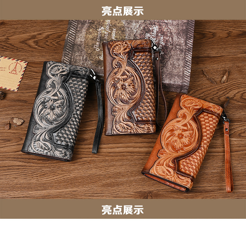Ví cầm tay nữ da bò dáng dài gấp ba họa tiết in hoa cổ điển — Màu nâu cổ điển, Màu đen cổ điển, Cà phê cổ điển chi tiết 5