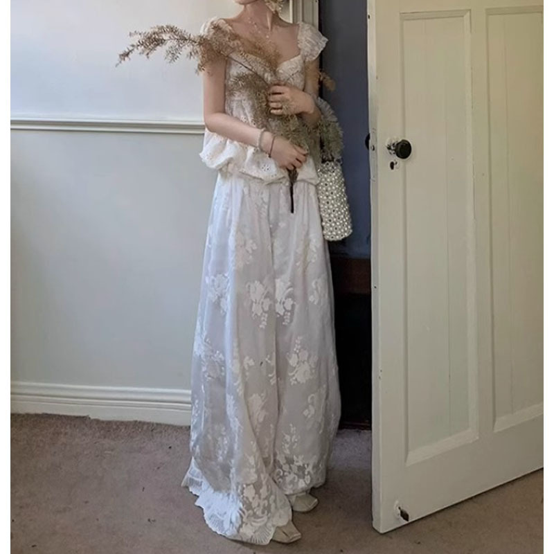 Yqgfsfs # 2025 New Holiday Tencel Suit Suspender Short Sleeve Top + Loose Embroidered Wide Leg Pants