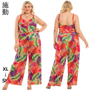 2024 European and American cross-border foreign trade plus size women's new V-neck strap printed wide-leg jumpsuit wholesale SQ0189