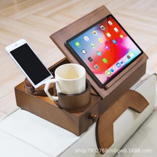 Wooden Sofa Armrest Tray Multifunctional Armrest Table Dinner Plate with 360 Degree Rotation Phone Holder with Water Cup Holder