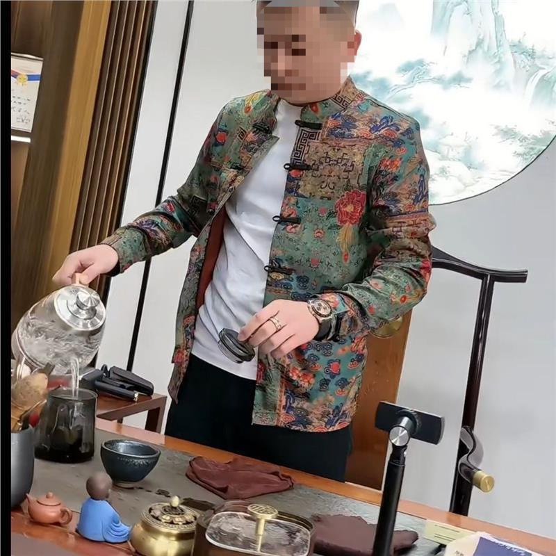 Boss-style Tang suit men's floral Chinese shirt jacket, long-sleeved, fashionable, trendy, casual outerwear, cotton jacket