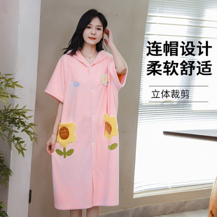 2025 New Bathrobe Short Sleeve Front Buckle Coral Fleece Fabric Absorbent Swimming Bathing Hooded Cardigan