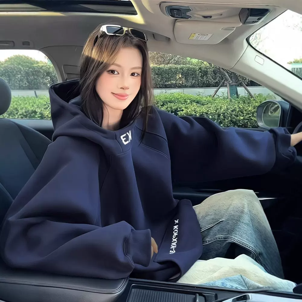 oversize连帽卫衣女秋冬加绒爆款韩系休闲宽松慵懒风长袖上衣