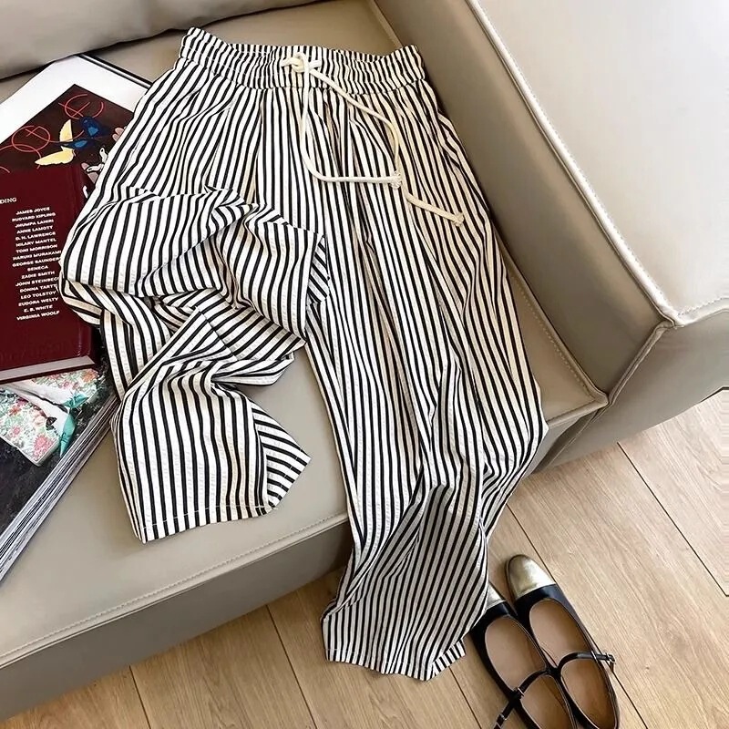 Customizable Embroidered and Printed Elastic Striped Drawstring Casual Pants for Women, Summer 2024 New Style, Loose Fit Customizable Embroidered and Printed Elastic Striped Drawstring Casual Pants for Women, Summer 2024 New Style, Loose Fit