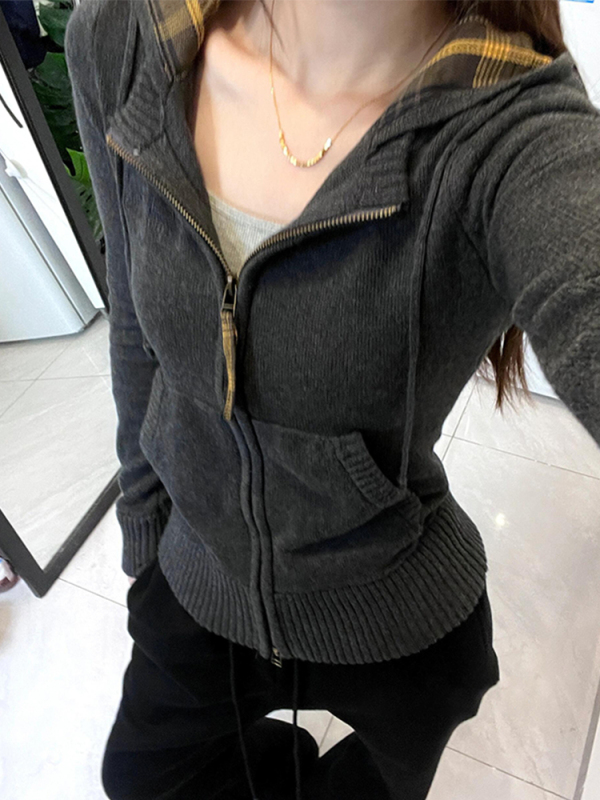慵懒风感显瘦灰色毛衣外套女秋冬季2025新款外穿连帽针织开衫|undefined