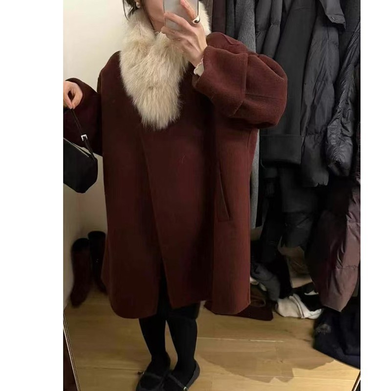 2025冬季新款双面羊绒大衣女狐狸毛领莫兰迪色系中长款羊毛呢外套