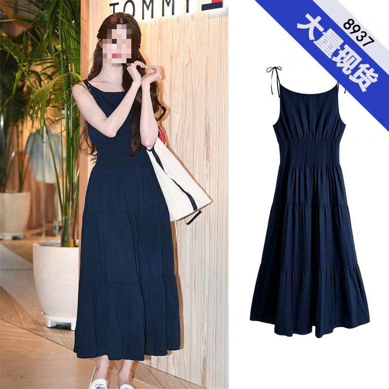 Zhang Yuanying's Same Style Sweet and Elegant Blue Spaghetti Strap Dress, Sleeveless, Unique Design, Waist-Cinching, Slimming, Vacation-Style Long Dress for Women Zhang Yuanying's Same Style Sweet and Elegant Blue Spaghetti Strap Dress, Sleeveless, Unique Design, Waist-Cinching, Slimming, Vacation-Style Long Dress for Women