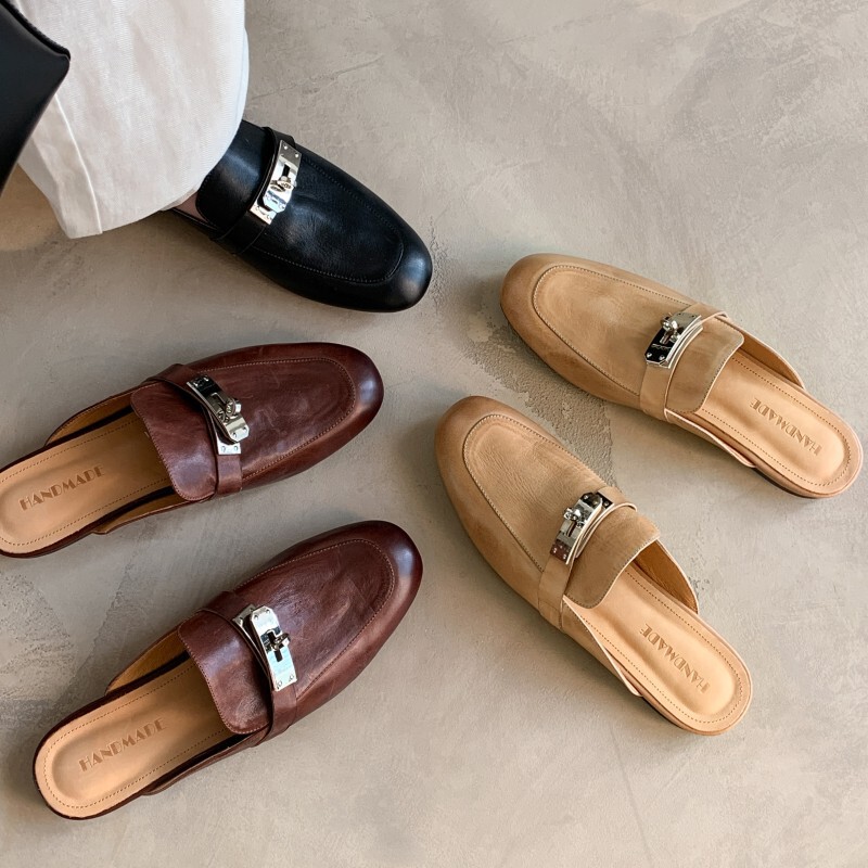 2025 New Washed Cowhide Baotou Half Slippers Women's Outwear Sandals 1.5cm Flat Lock Lazy Muller Shoes