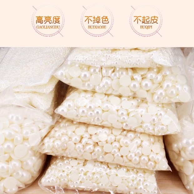 Perlas de imitación de medio lado, cuentas redondas de fondo plano semicirculares, parche de cuentas de medio lado blanco beige, cuentas de accesorios para el cabello con lazo hechas a mano