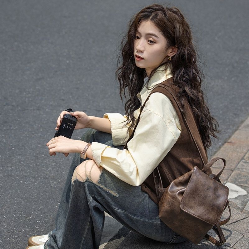 韩版圆领马甲女2025春秋装新款百搭无袖外套咖啡色复古文艺马夹上|undefined