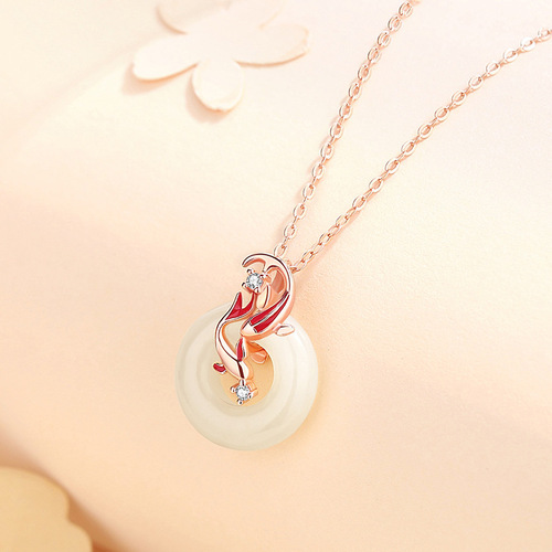 Original Koi Peace Buckle Necklace for Women Hetian Jade Retro Palace Style National Trend Clavicle Chain Pendant Little Red Book Same Style