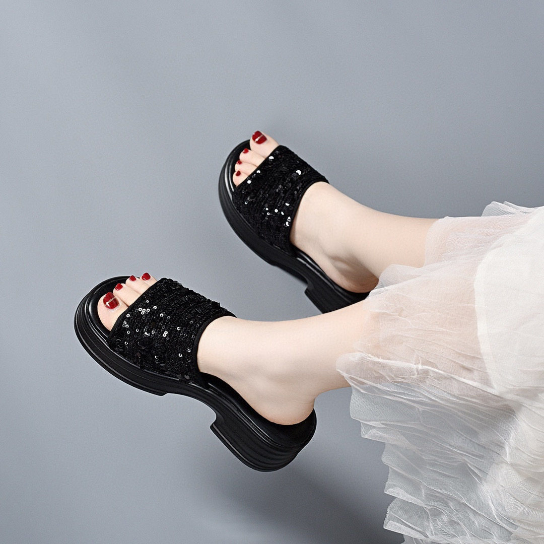 Dép sandal nữ quai chữ V đế dày gót thô phối sequin lấp lánh — màu đen