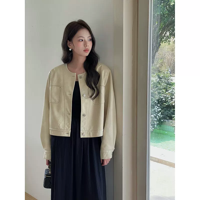 【歌铭】复古圆领工装皮衣女装2025春季新款机车夹克短外套N796B