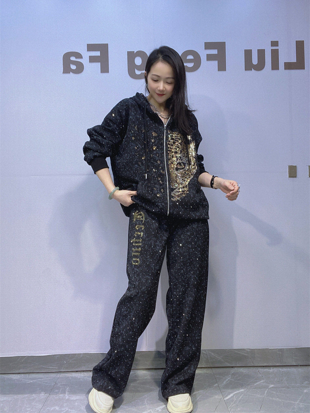 タイダイジッパーカーディガン大きいサイズスウェットシャツスーツ女性の秋ホットダイヤモンドカジュアルストレートパンツアウトドアスポーツウェア 2 点セット