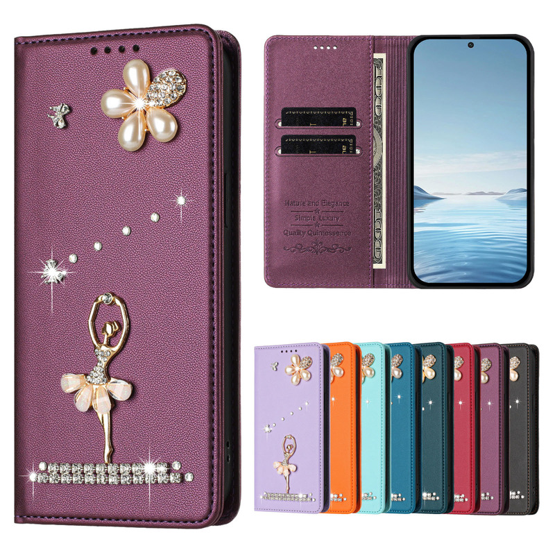 Suitable for Samsung A57 5g Mobile Phone Leather Case, Ballet Girl Diamond-Embellished Card Wallet, A26 Protective Case