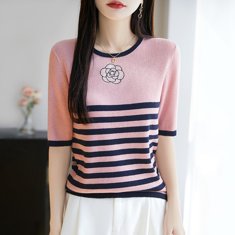 Summer New Style Knitwear Silk Wool Round Neck Knitted Short-Sleeved Sequin Flower Color Matching Stripesd Women's Tops
