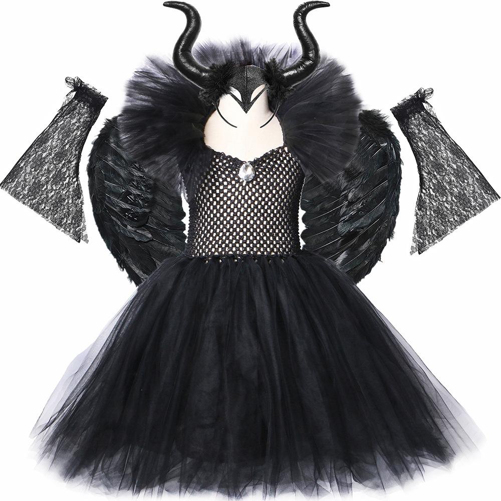 Ropa para niñas, vestido de bruja, traje de fiesta de Halloween para niños, disfraz de Maléfica, vestido femenino, falda de malla_voghion.com