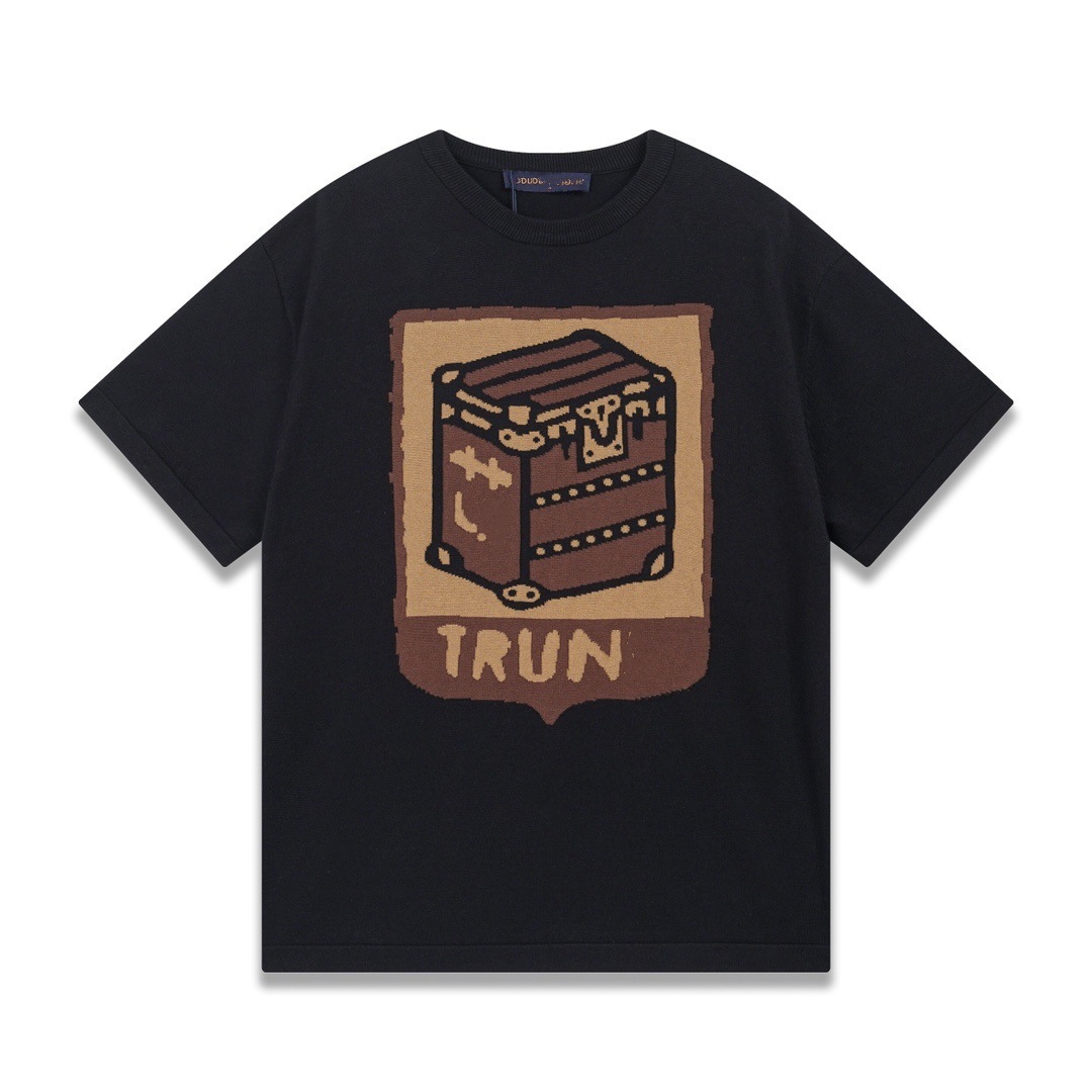 T-shirt de punto de alta versión de burro 2025 nuevo tablero de ajedrez letras jacquard casual suelta hombre y mujer mangas cortas