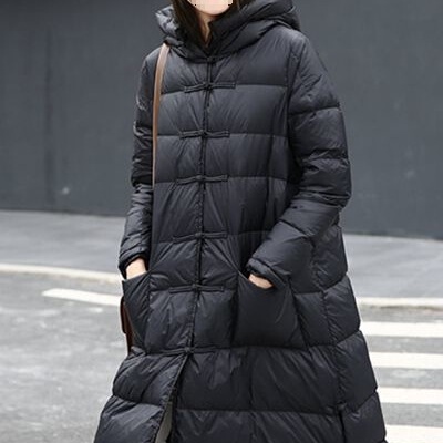White Duck down Autumn and Winter Cape Style Retro Buckle Light down Jacket Women's Cocoon Type Extended Version Large Size Over-The-Knee Jacket