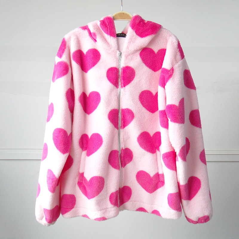 Loose hooded thickened love print coat NSYKD135617