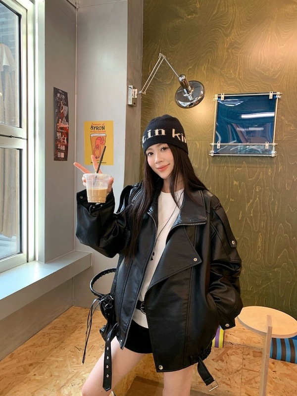 美式复古黑色PU皮长袖外套女装秋季炸街酷炫别致chic宽松夹克上衣|undefined