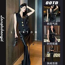 气场强大女装小个子显高高端气质御姐茶歇法式黑色马甲半裙套装夏