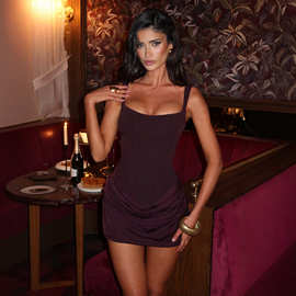 2025夏季新款欧美性感圆领无袖包臀绑带连衣短裙跨境一件代发