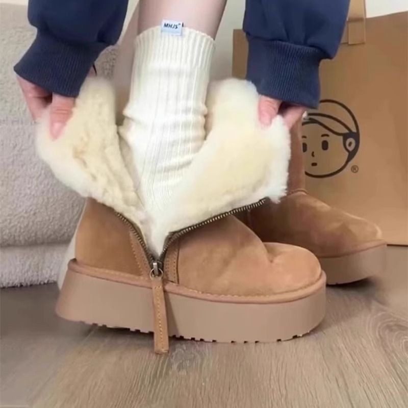 Botas de algodón gruesas del noreste de la nueva piel cálida en un tubo corto botas de nieve gruesas con cremallera lateral femenina