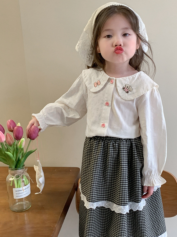 2025 新しい女子カレッジスタイル刺繍蝶襟シャツ春と秋の子供服子供の多用途トップスドロップシッピング|undefined