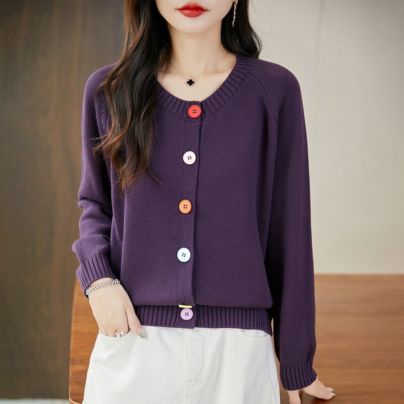 100 Pure Cotton Thread Round Neck Knitted Cardigan Jacket for Women 2025 Autumn and Winter New Pure Color Button Knitwear Top for Women