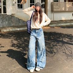 美式复古小众提花牛仔裤女款2025秋季新款宽松阔腿时尚潮流拖地裤