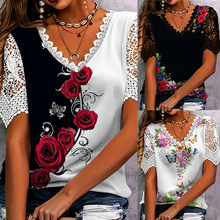 2025跨境优雅蕾丝拼接时尚女士彩色花蝴蝶花卉印花短袖T恤