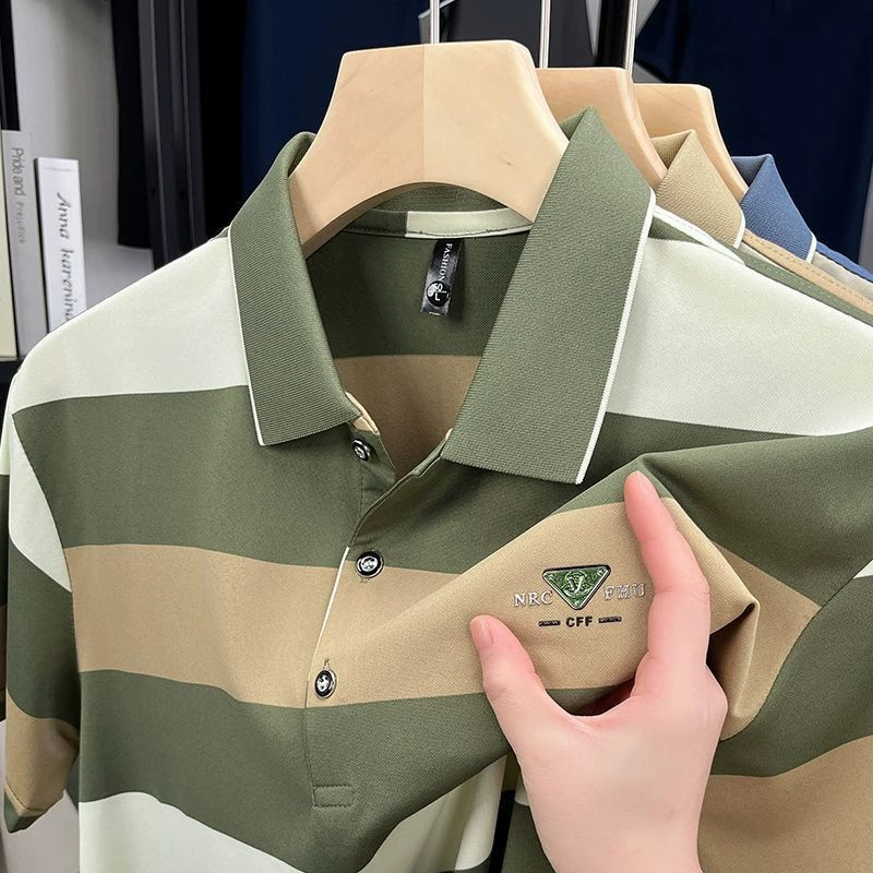 2025 новая летняя деловая повседневная рубашка-поло с короткими рукавами и широкими полосками с лацканами, футболка с короткими рукавами, одежда для папы