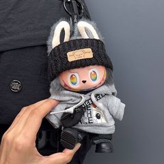 新款labubu娃衣可爱灰色半脸卫衣裤子套装毛绒布布斜挎包发带衣服