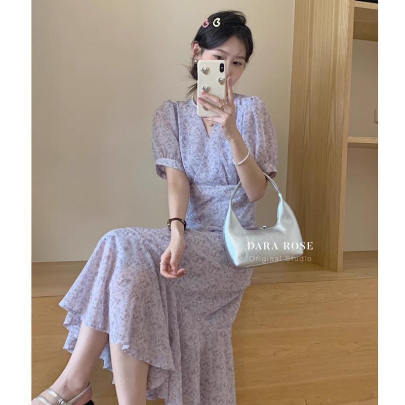 ライトパープルの夢のような美しい青と紫の花柄ドレス夏の新しい気質痩身ウエストドレス女性用|undefined