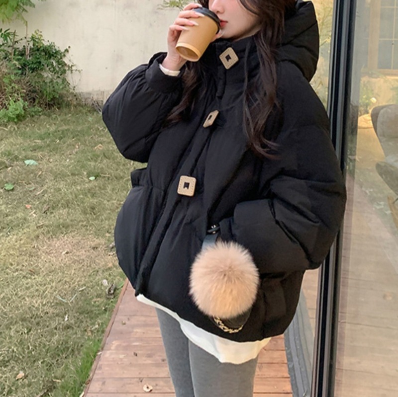 连帽牛角扣羽绒服女秋冬新款宽松华夫格短棉服加厚小个子棉衣外套|undefined
