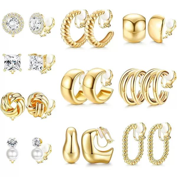 European and American Cross-Border Pearl and Rhinestone C-Shaped 10-Pair Clip-On Earring Set for Women Without Ear Piercings, Vintage High-End Earrings
