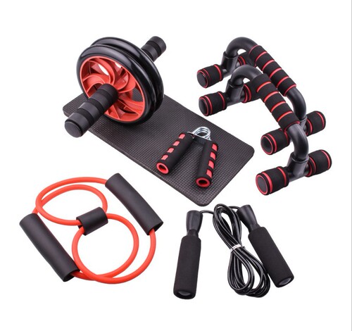 Fitness set of seven pieces, small household fitness sports equipment skipping rope, grip trainer, push-up wheel, abdominal wheel, muscle