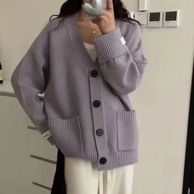 新しい秋と冬の韓国スタイルの女性用ルーズレイジースタイルニットカーディガン、厚いセータージャケット、多用途のスリミングトップ|undefined