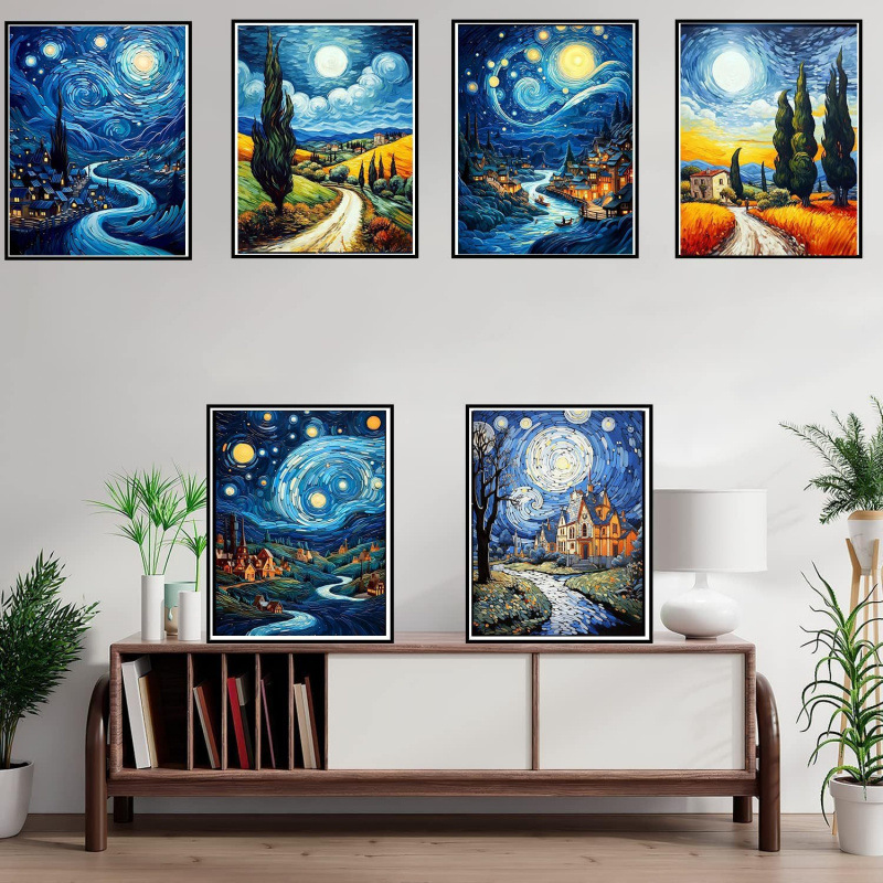 Pintura de diamante Van Gogh serie de estrellas hecha a mano DIY pintura decorativa redonda diamante completo sala de estar dormitorio pintura de paisaje con marco