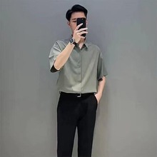 男士浅绿短袖衬衫套装男夏季韩版设计感痞帅帅气男装休闲套装